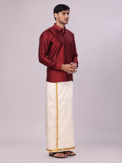 Men's Dupion Satin Maroon Shirt with Flexi Gold Jari Cream Art Silk Dhoti Combo Elite side pose