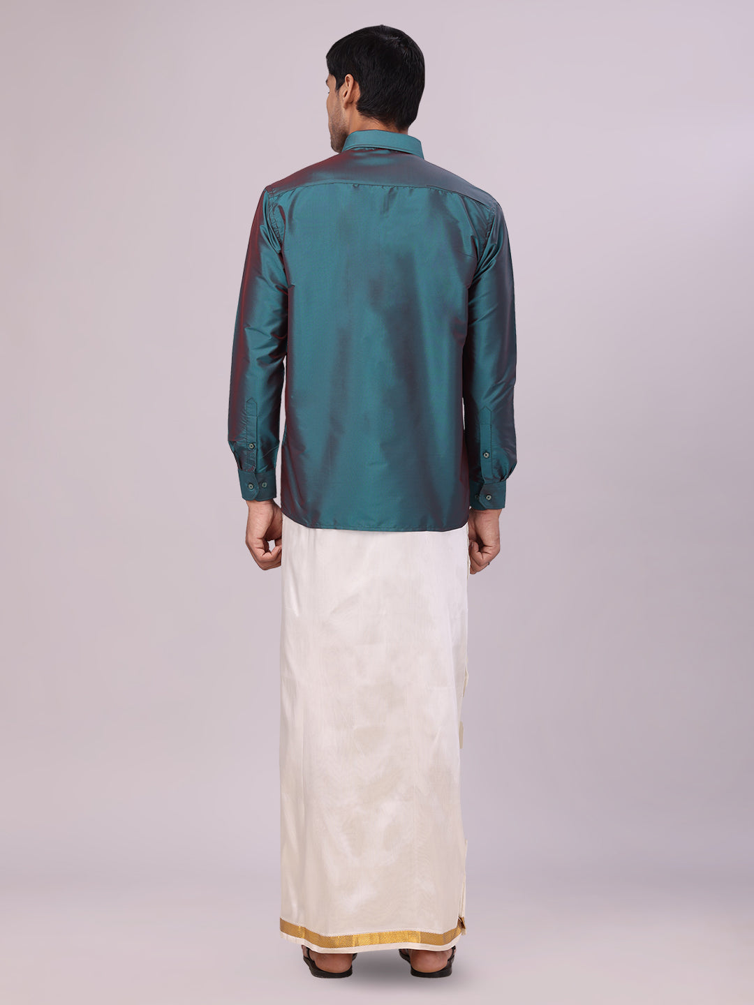 Men's Dupion Satin Peacock Blue Shirt with Flexi Gold Jari Cream Art Silk Dhoti Combo Elite back pose