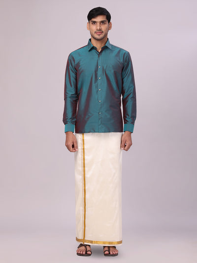 Men's Dupion Satin Peacock Blue Shirt with Flexi Gold Jari Cream Art Silk Dhoti Combo Elite