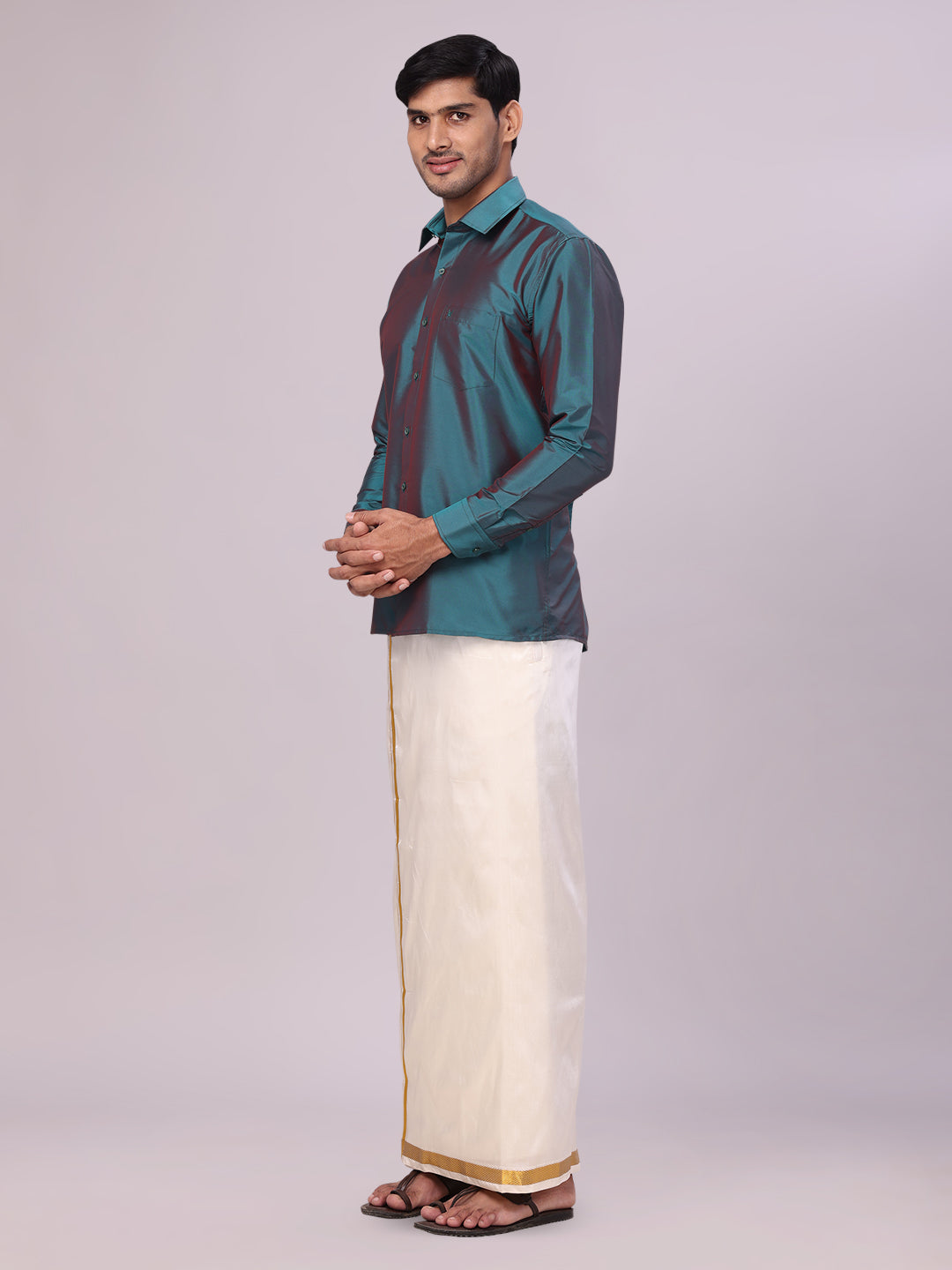 Men's Dupion Satin Peacock Blue Shirt with Flexi Gold Jari Cream Art Silk Dhoti Combo Elite