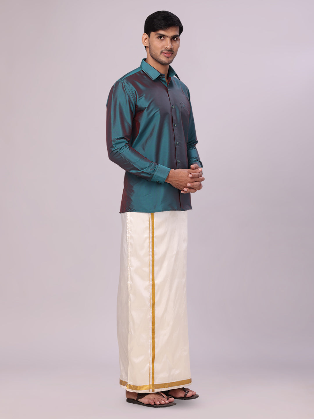 Men's Dupion Satin Peacock Blue Shirt with Flexi Gold Jari Cream Art Silk Dhoti Combo Elite side pose