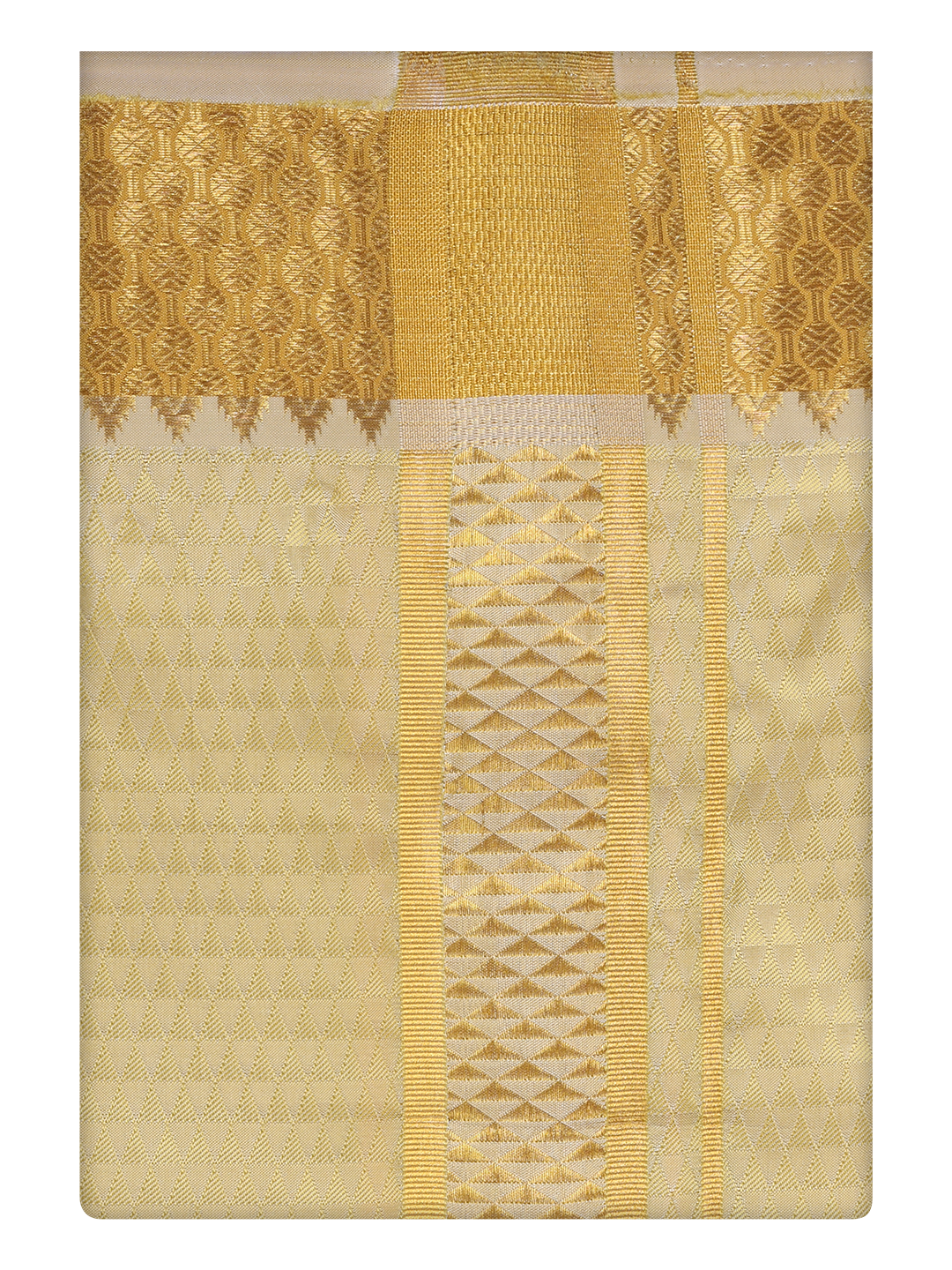 Mens Art Silk Mango Gold Color Dhoti with 2 1/2" Copper Jari Border by Minister White