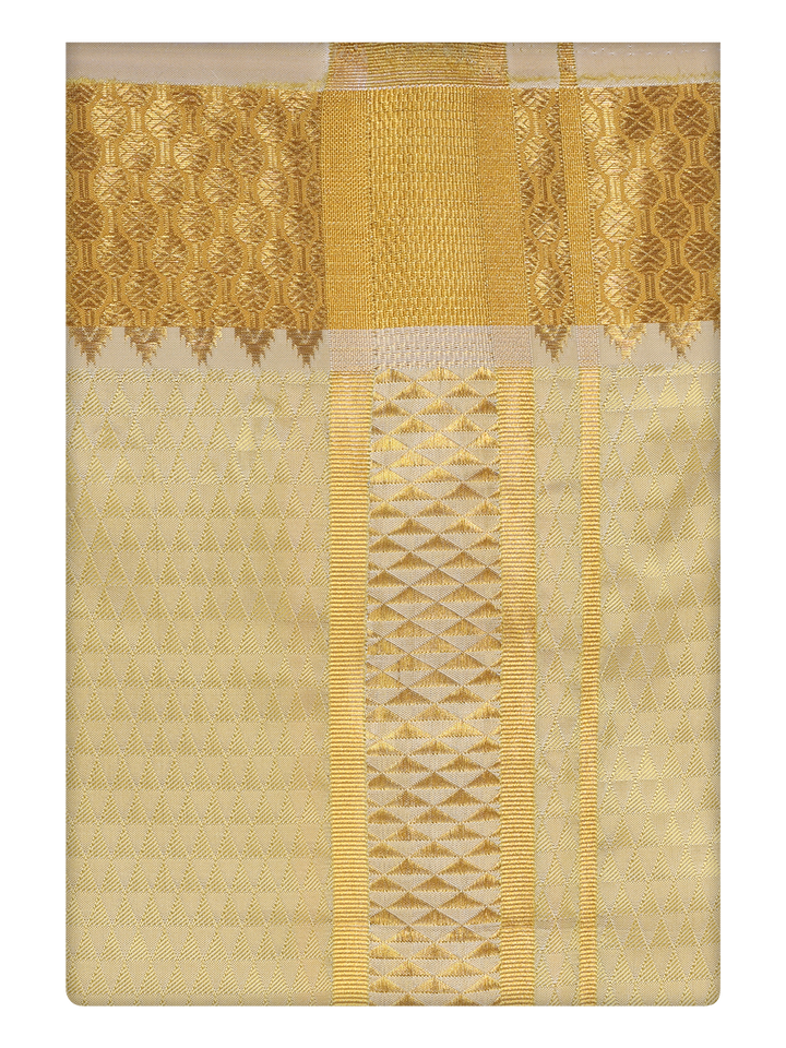 Mens Art Silk Mango Color Dhoti with 2 1/2" Silver Jari Border by Minister White