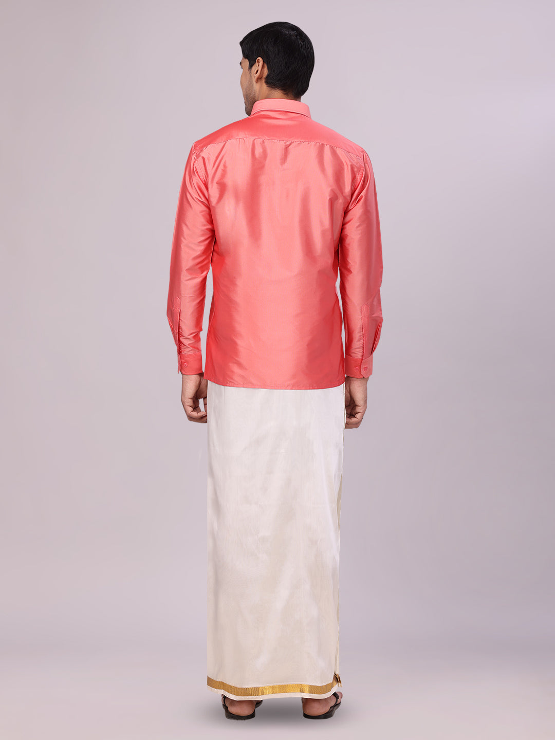 Men's Dupion Satin Pink Shirt with Flexi Gold Jari Cream Art Silk Dhoti Combo Elite ack pose