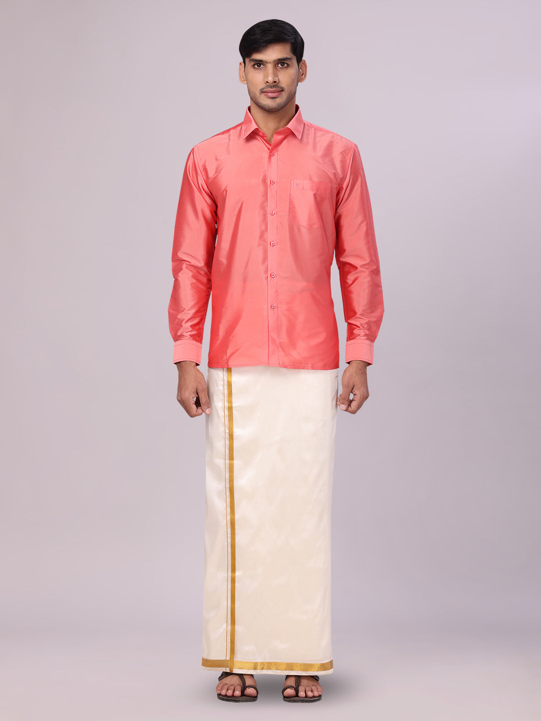 Men's Dupion Satin Pink Shirt with Flexi Gold Jari Cream Art Silk Dhoti Combo Elite