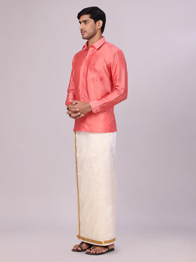 Men's Dupion Satin Pink Shirt with Flexi Gold Jari Cream Art Silk Dhoti Combo Elite side pose