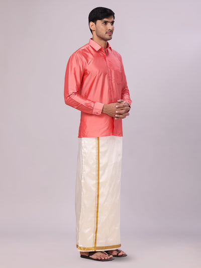 Men's Dupion Satin Pink Shirt with Flexi Gold Jari Cream Art Silk Dhoti Combo Elite side pose