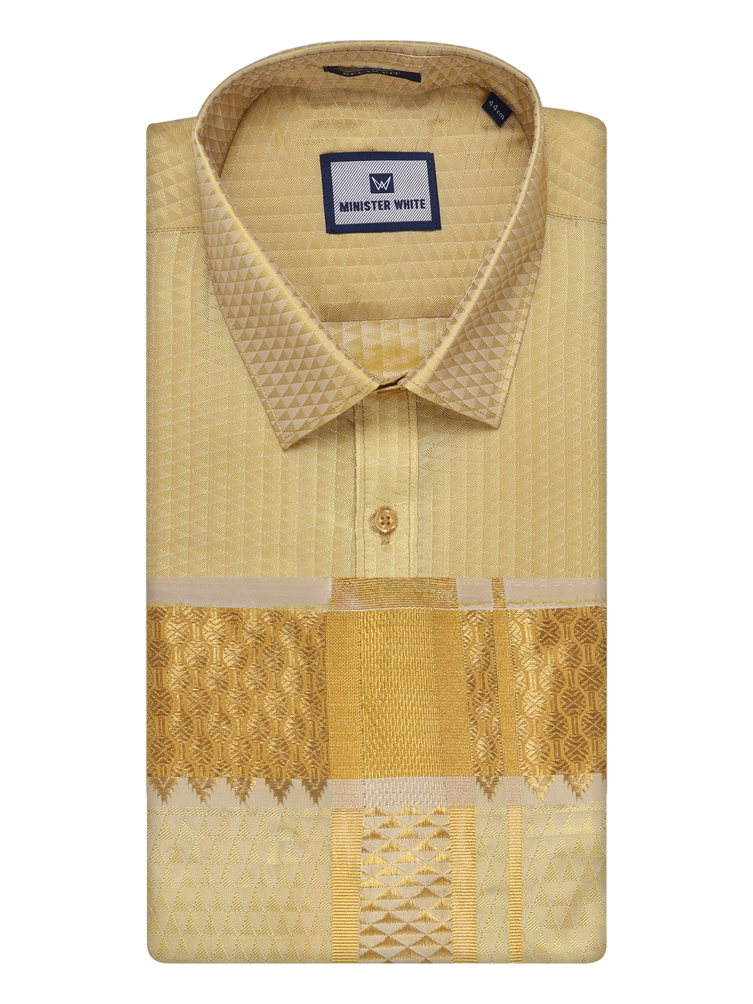 Mens Art Silk Mango Gold Full Sleeves Shirt with 2 1/2" Jari Border Dhoti Combo Neogen by Minister White