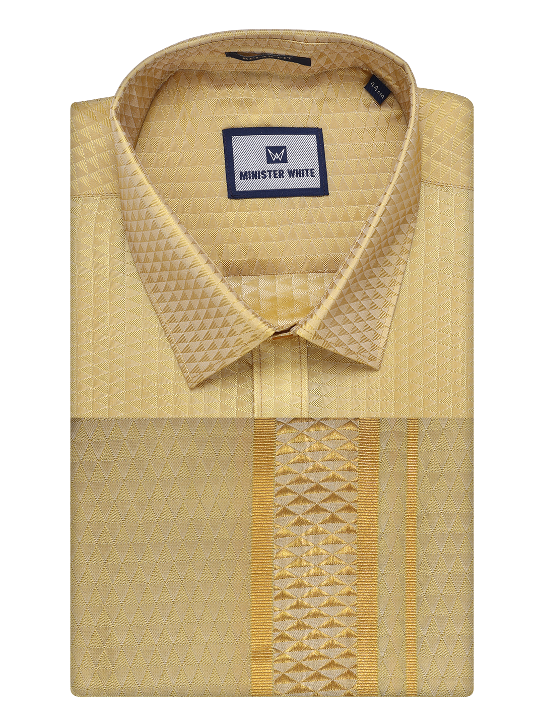 Mens Art Silk Mango Full Sleeves Shirt with 2 1/2" Gold Jari Border Dhoti Combo Neogen by Minister White