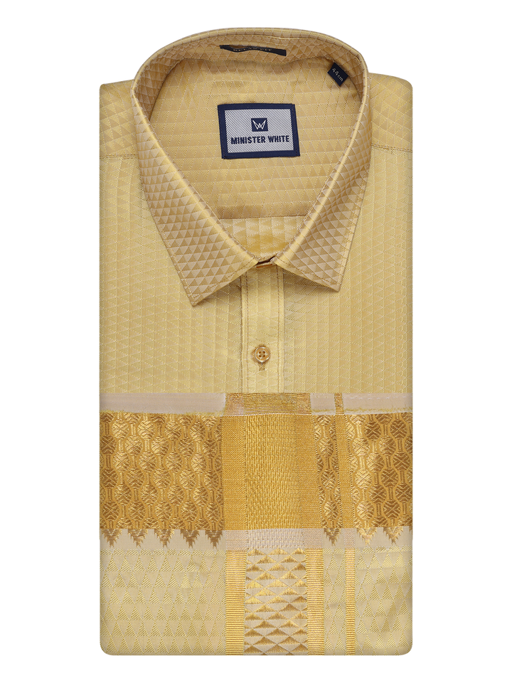 Mens Art Silk Mango Full Sleeves Shirt with 2 1/2" Gold Jari Border Dhoti Combo Neogen by Minister White