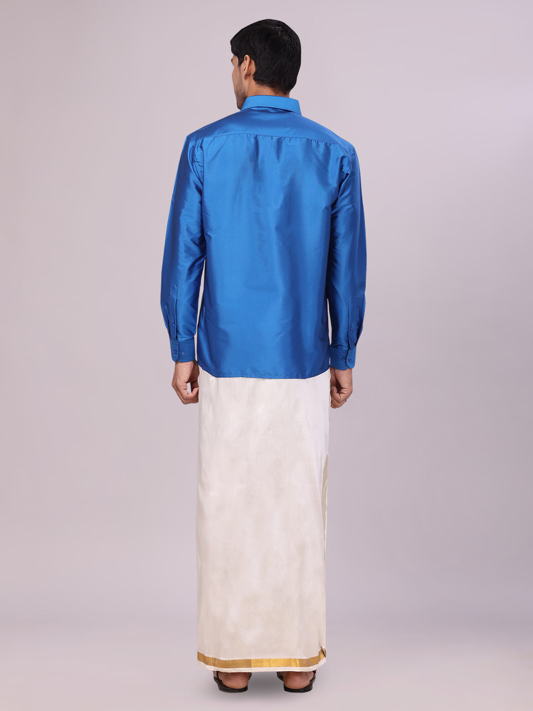 Men's Dupion Satin Royal Blue Shirt with Flexi Gold Jari Cream Art Silk Dhoti Combo Elite back pose