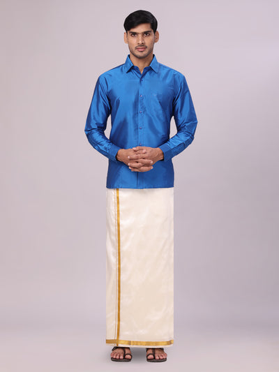 Men's Dupion Satin Royal Blue Shirt with Flexi Gold Jari Cream Art Silk Dhoti Combo Elite 