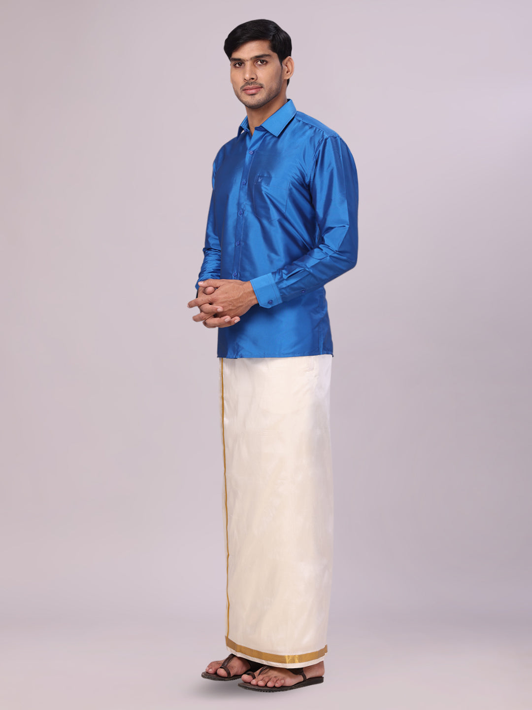 Men's Dupion Satin Royal Blue Shirt with Flexi Gold Jari Cream Art Silk Dhoti Combo Elite side pose