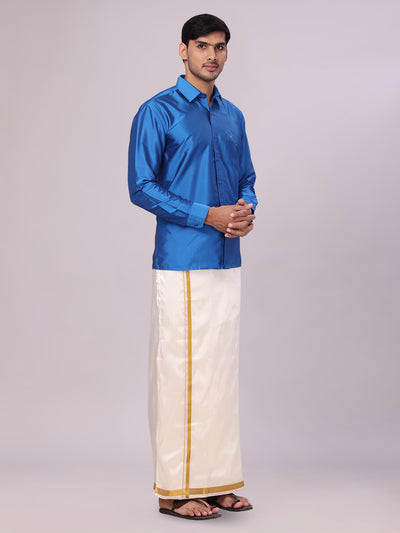 Men's Dupion Satin Royal Blue Shirt with Flexi Gold Jari Cream Art Silk Dhoti Combo Elite side pose