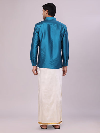 Men's Dupion Satin Turquoise Blue Shirt with Flexi Gold Jari Cream Art Silk Dhoti Combo Elite back pose