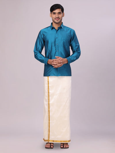 Men's Dupion Satin Turquoise Blue Shirt with Flexi Gold Jari Cream Art Silk Dhoti Combo Elite