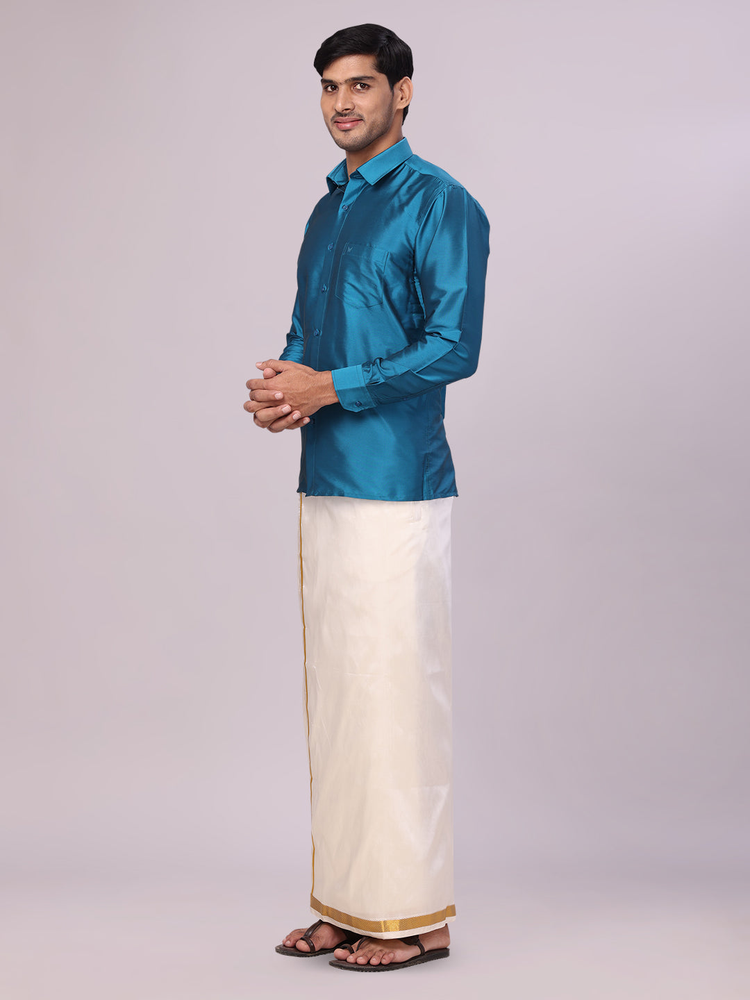 Men's Dupion Satin Turquoise Blue Shirt with Flexi Gold Jari Cream Art Silk Dhoti Combo Elite side pose