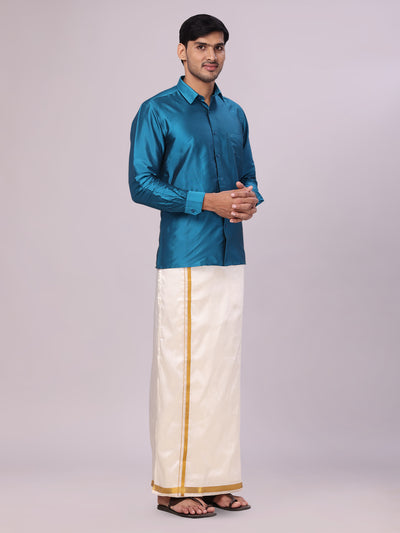 Men's Dupion Satin Turquoise Blue Shirt with Flexi Gold Jari Cream Art Silk Dhoti Combo Elite side pose