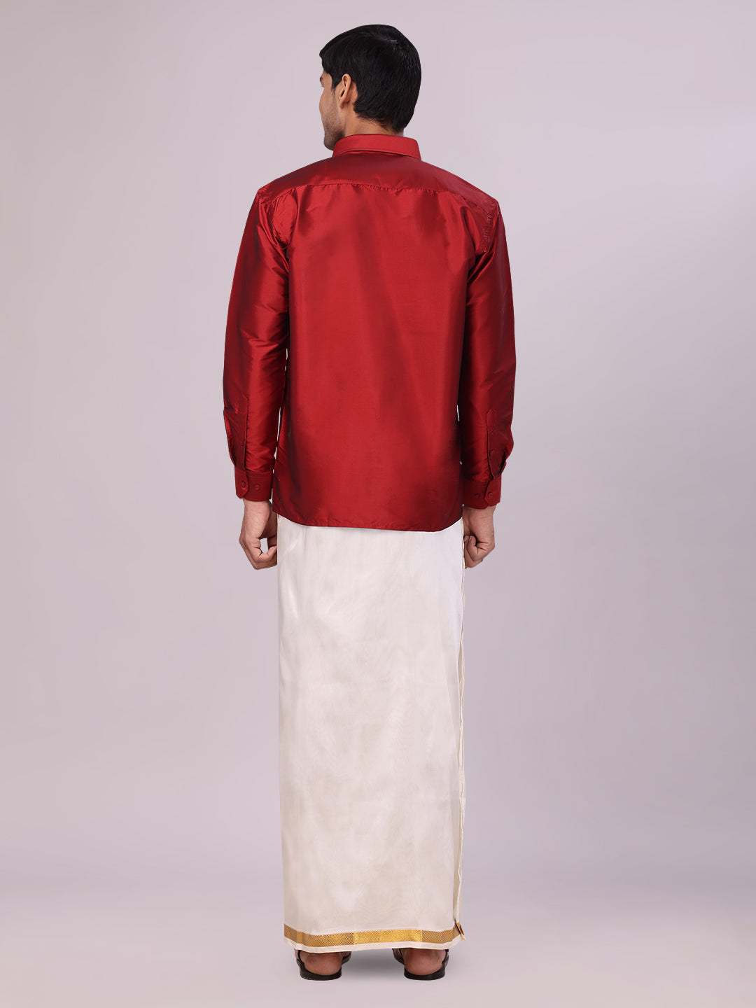 Men's Dupion Satin Light Maroon Shirt with Flexi Gold Jari Cream Art Silk Dhoti Combo Elite back pose