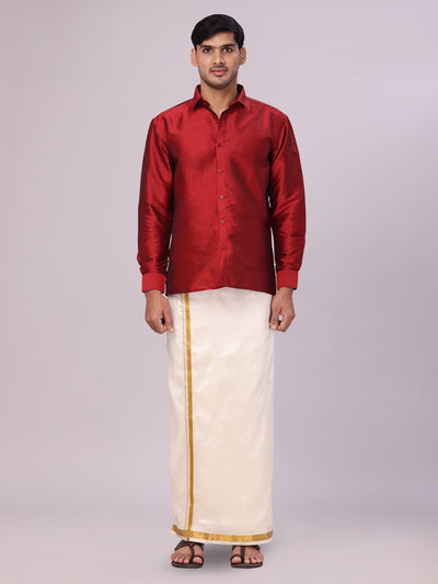 Men's Dupion Satin Light Maroon Shirt with Flexi Gold Jari Cream Art Silk Dhoti Combo Elite