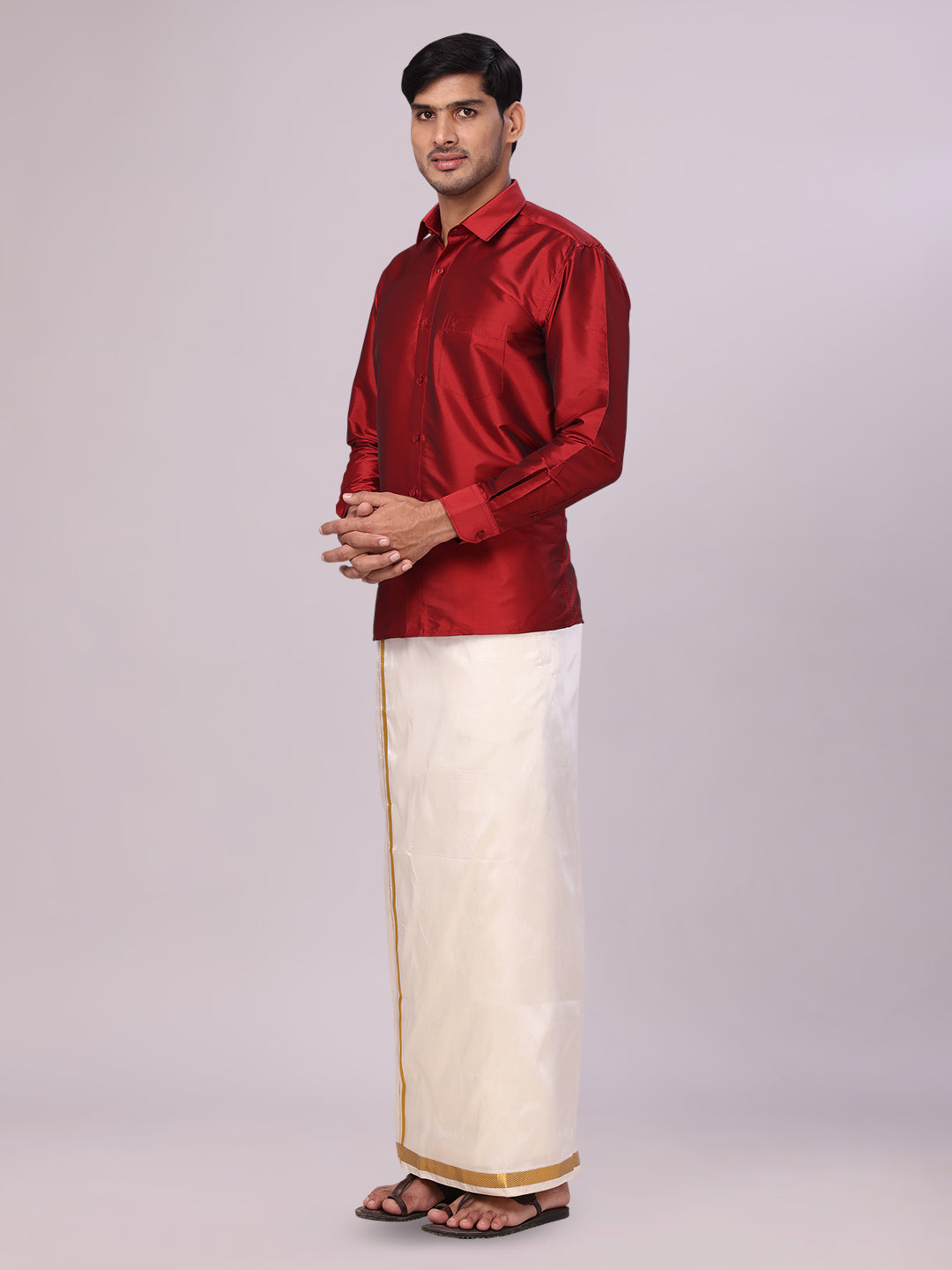 Men's Dupion Satin Light Maroon Shirt with Flexi Gold Jari Cream Art Silk Dhoti Combo Elite side pose