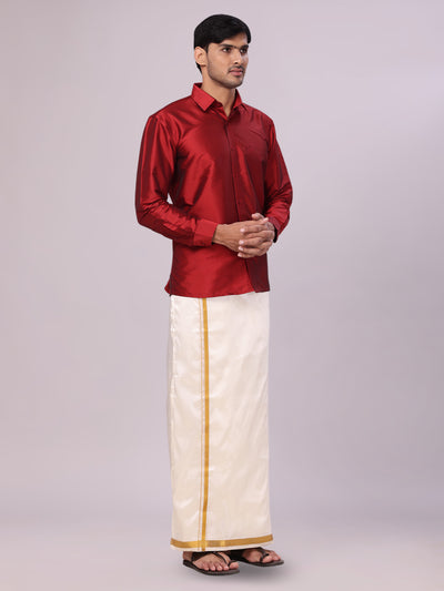 Men's Dupion Satin Light Maroon Shirt with Flexi Gold Jari Cream Art Silk Dhoti Combo Elite side pose