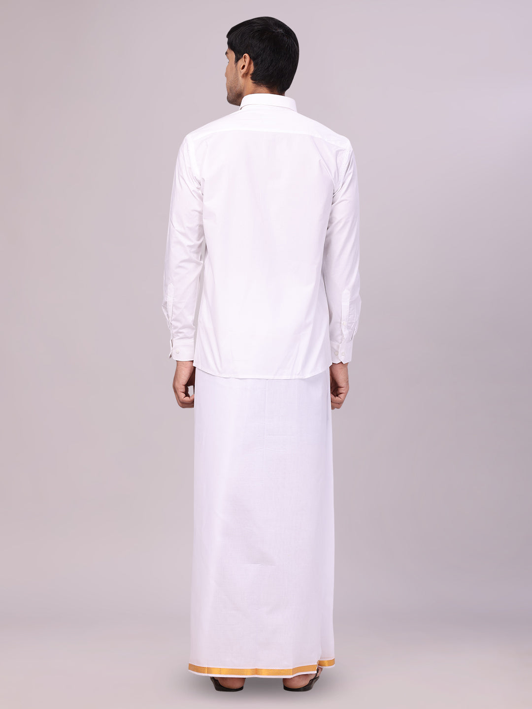 Men's Pure Cotton White Wedding Shirt Gold Jari Dhoti Towel Belt Combo - Subharaagam back pose