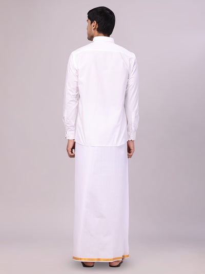 Men's Pure Cotton White Wedding Shirt Gold Jari Dhoti Towel Belt Combo - Subharaagam back pose