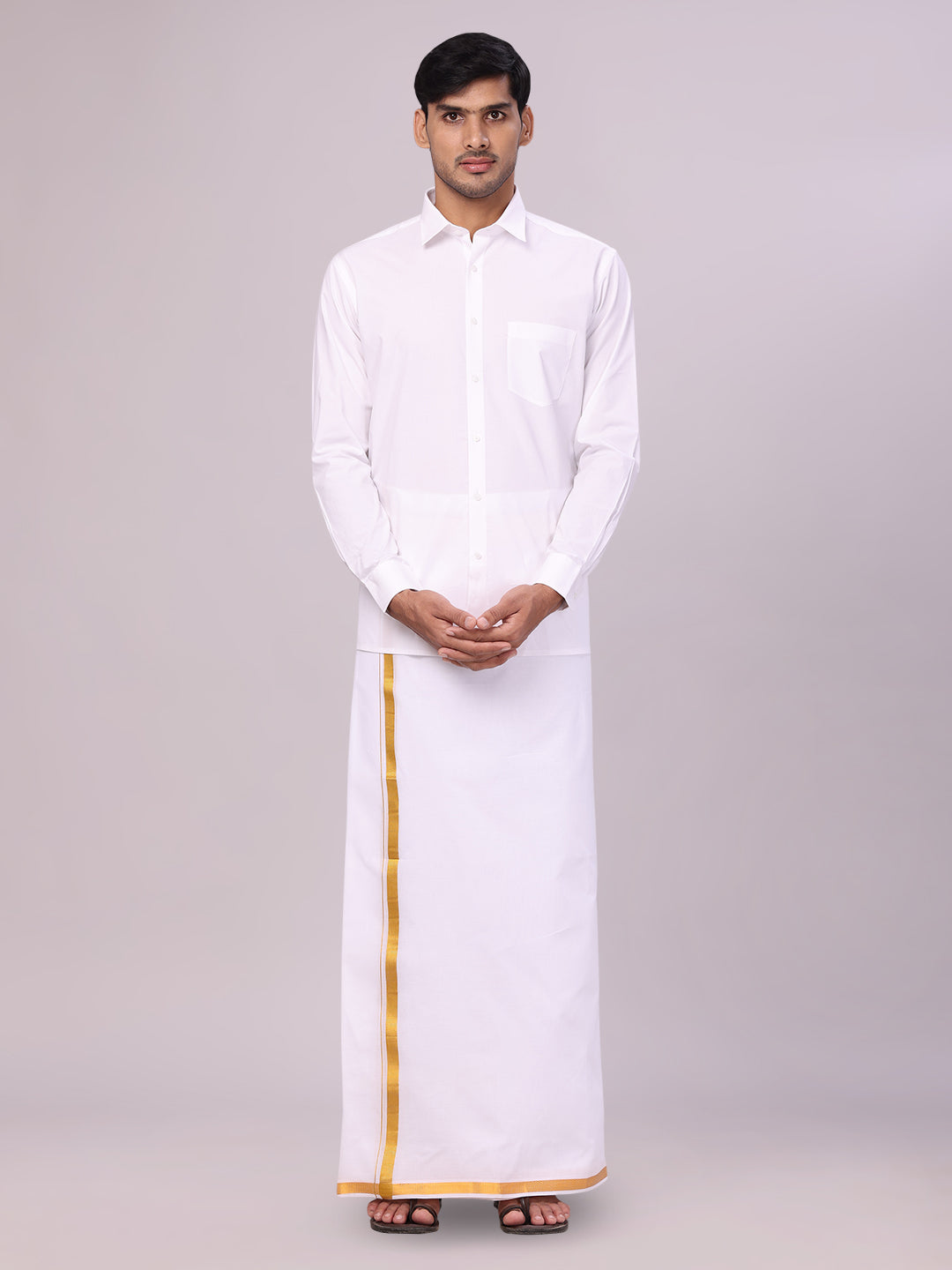 Men's Pure Cotton White Wedding Shirt Gold Jari Dhoti Towel Belt Combo - Subharaagam