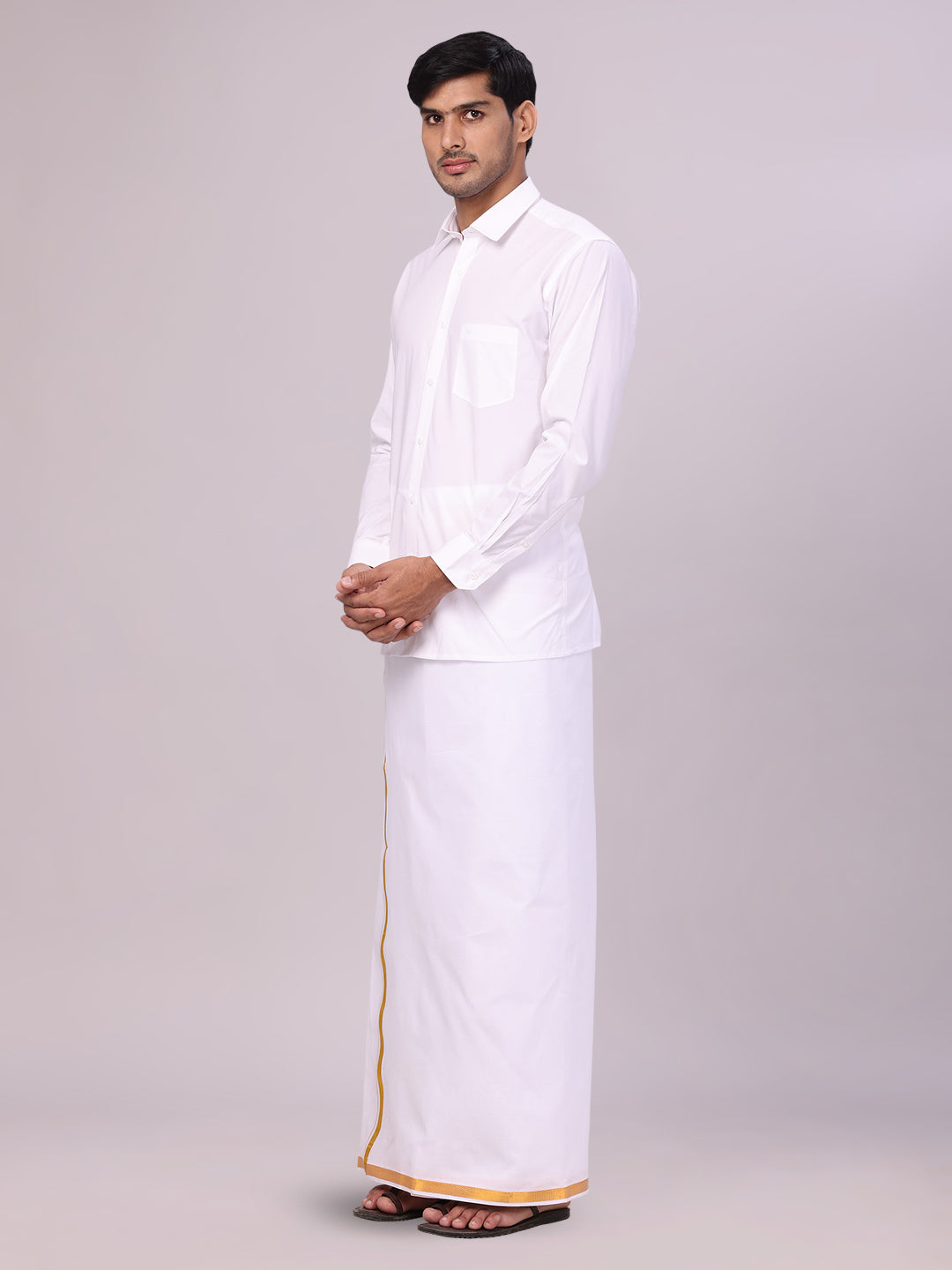 Men's Pure Cotton White Wedding Shirt Gold Jari Dhoti Towel Belt Combo - Subharaagam side pose