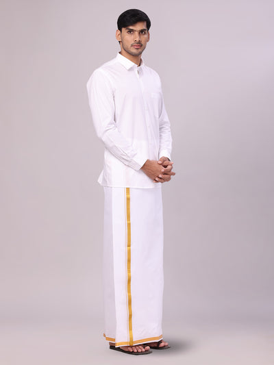 Men's Pure Cotton White Wedding Shirt Gold Jari Dhoti Towel Belt Combo - Subharaagam side pose