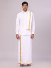 Mens Pure Cotton White Wedding Shirt Gold Jari Dhoti Towel Belt Combo - Subharaagam