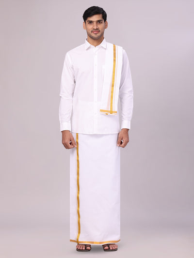 Men's Pure Cotton White Wedding Shirt Gold Jari Dhoti Towel Belt Combo - Subharaagam