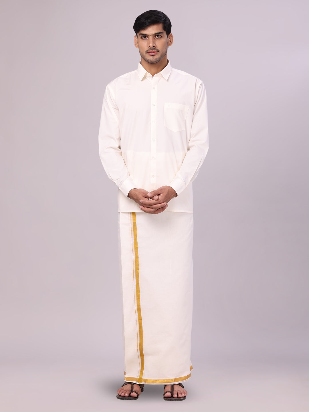 Men's Pure Cotton Cream Wedding Shirt Gold Jari Dhoti Towel Belt Combo - Subharaagam