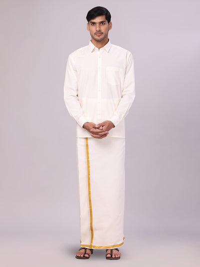 Men's Pure Cotton Cream Wedding Shirt Gold Jari Dhoti Towel Belt Combo - Subharaagam