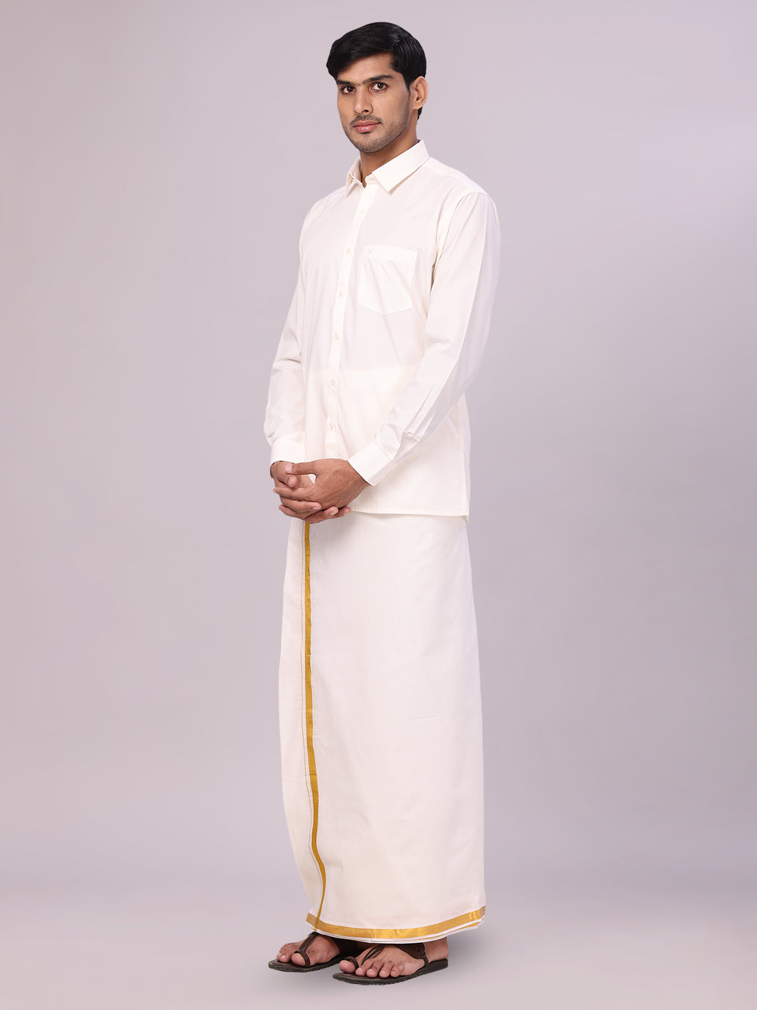 Men's Pure Cotton Cream Wedding Shirt Gold Jari Dhoti Towel Belt Combo - Subharaagam side pose