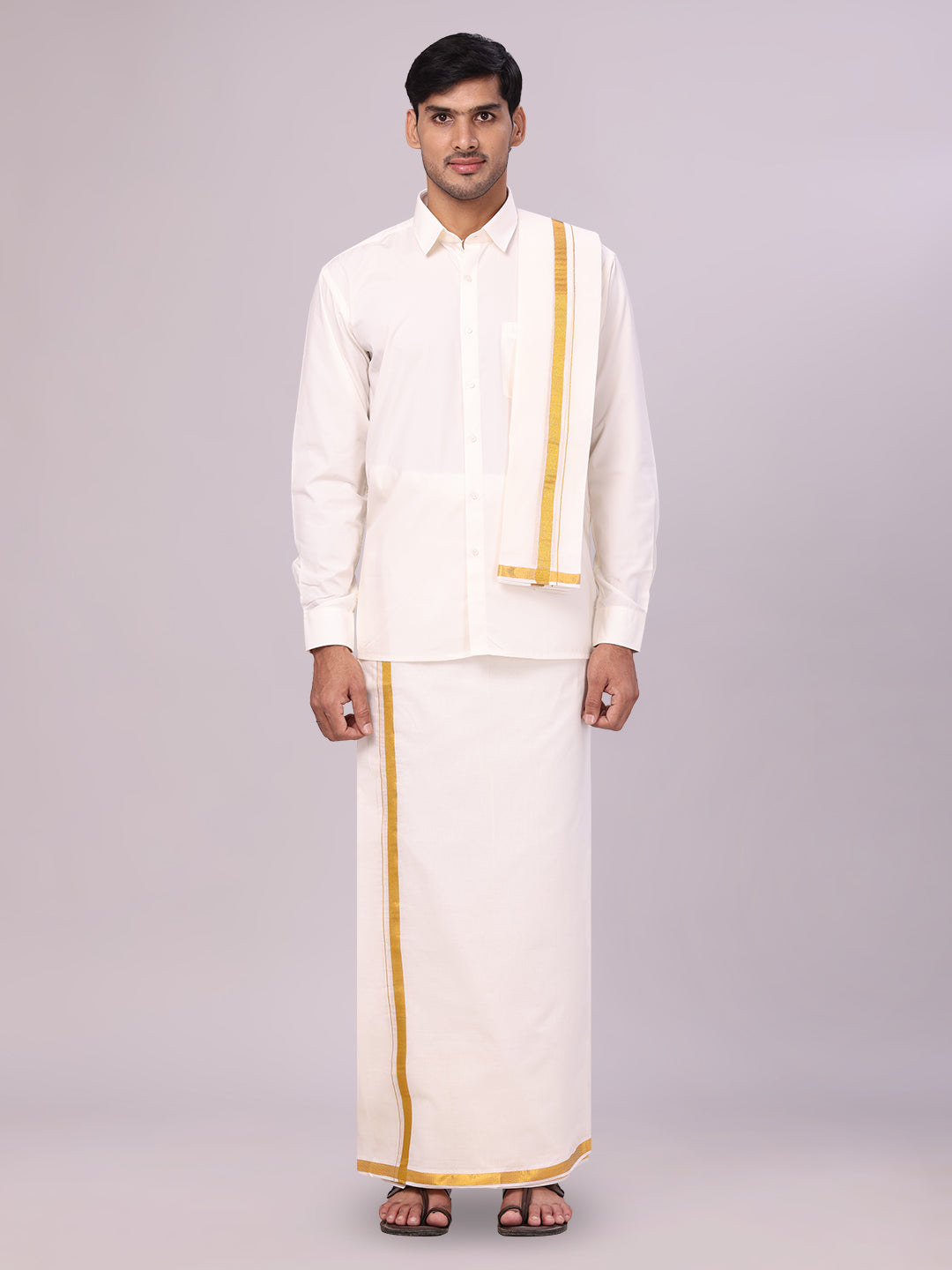 Men's Pure Cotton Cream Wedding Shirt Gold Jari Dhoti Towel Belt Combo - Subharaagam