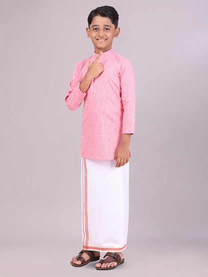 Boys Cotton Pink Kurta with Matching Border Dhoti Combo side pose