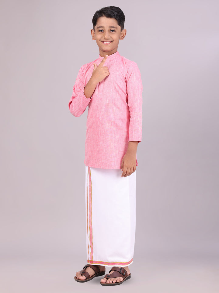 Boys Cotton Pink Kurta with Matching Border Dhoti Combo side pose