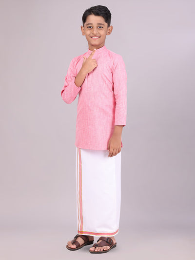 Father & Son Pink Men Shirt Dhoti Set with Kids Kurta Dhoti Set Combo