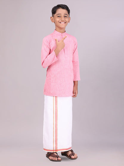 Boys Cotton Pink Kurta with Matching Border Dhoti Combo side pose