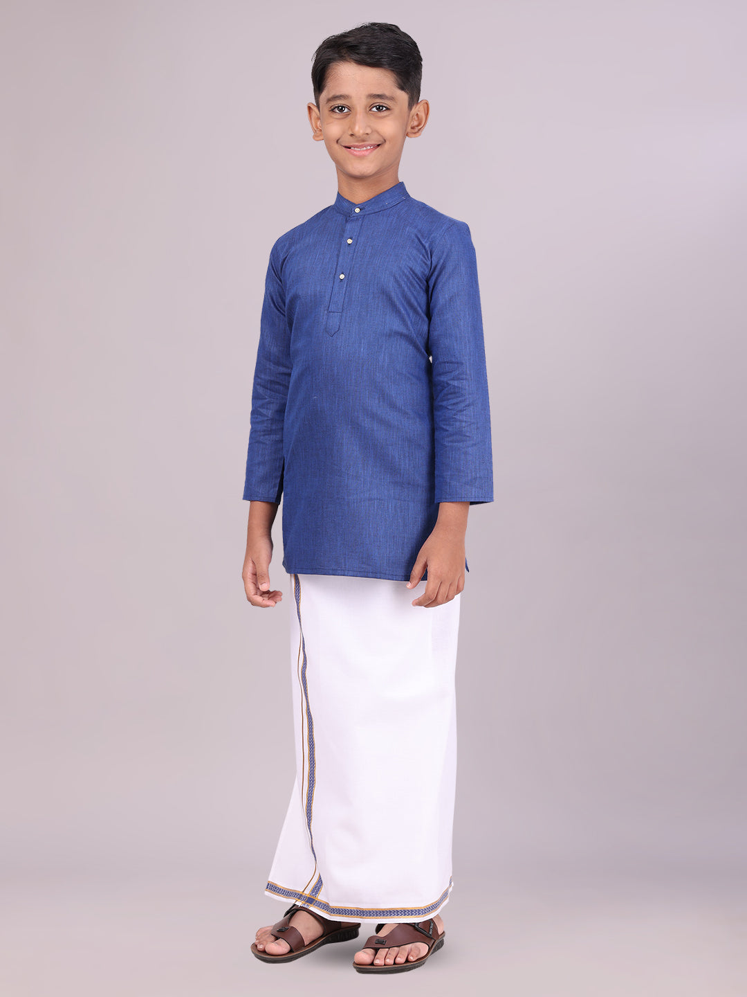 Boys Cotton Navy Kurta with Matching Border Dhoti Combo side pose