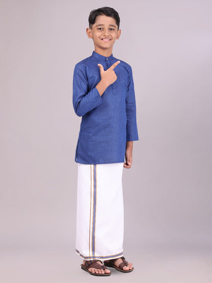 Boys Cotton Navy Kurta with Matching Border Dhoti Combo side pose