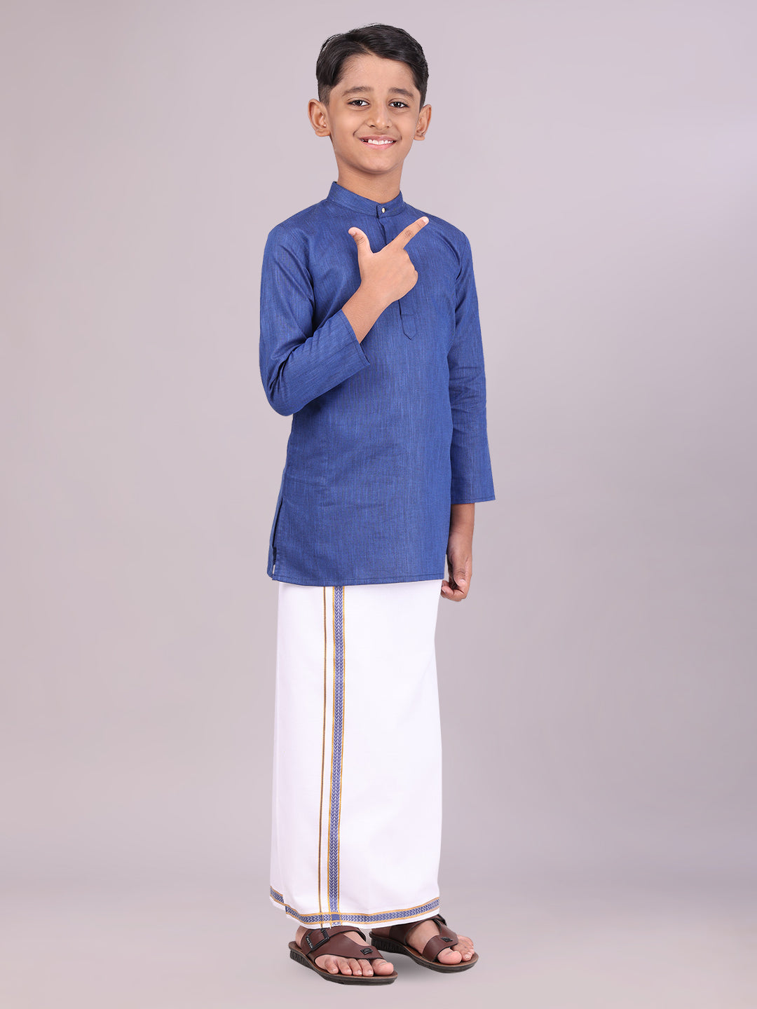 Boys Cotton Navy Kurta with Matching Border Dhoti Combo side pose