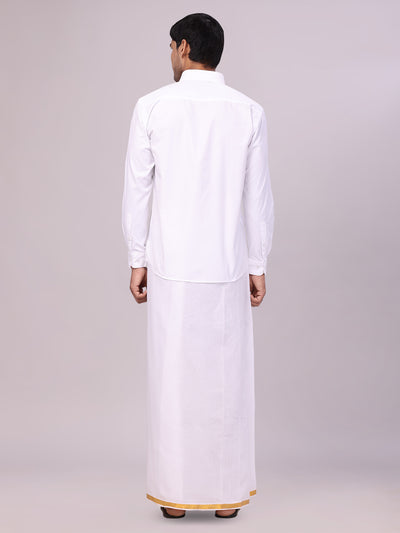 Men's White Full Sleeves Wedding Shirt, Dhoti & Nerial Combo - Cistus White back pose