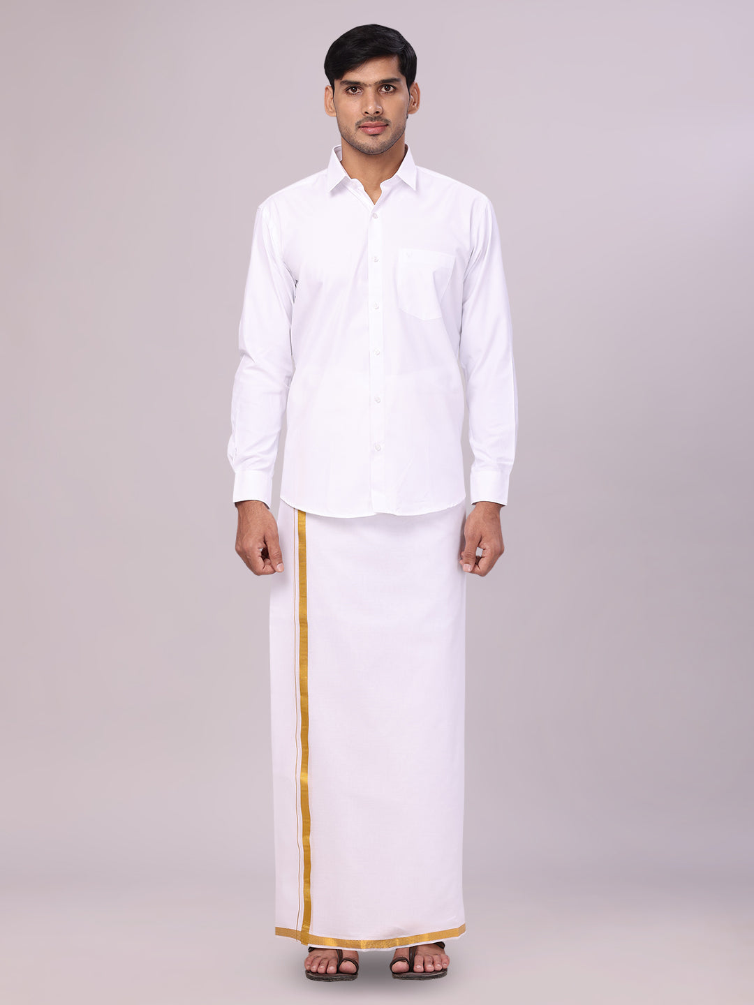 Men's White Full Sleeves Wedding Shirt, Dhoti & Nerial Combo - Cistus White