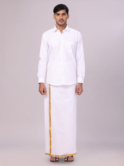 Men's White Full Sleeves Wedding Shirt, Dhoti & Nerial Combo - Cistus White