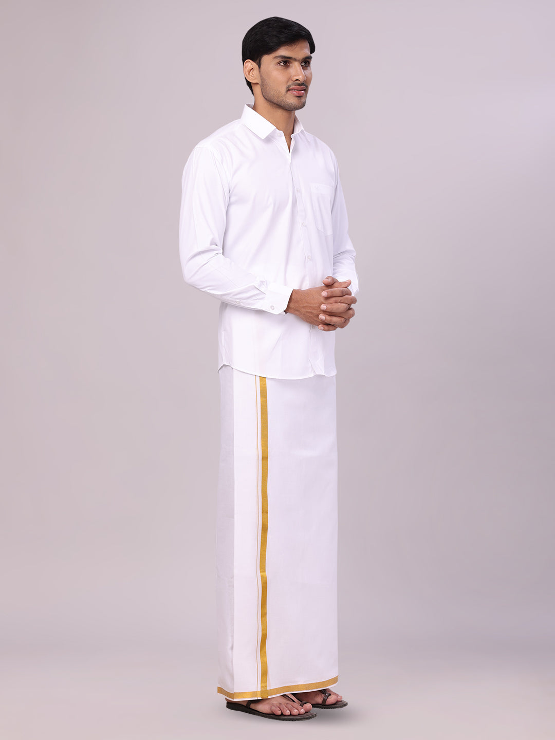 Men's White Full Sleeves Wedding Shirt, Dhoti & Nerial Combo - Cistus White side pose