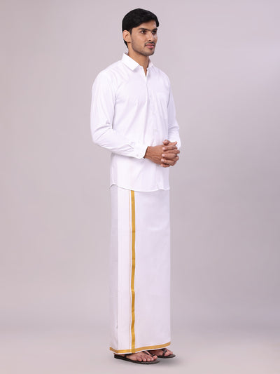 Men's White Full Sleeves Wedding Shirt, Dhoti & Nerial Combo - Cistus White side pose