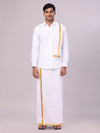 Mens White Full Sleeves Wedding Shirt, Dhoti & Nerial Combo - Cistus_White